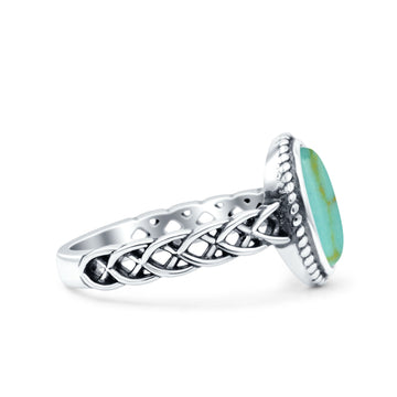 Weave Celtic Vintage Style Lab Opal Ring Solid Oval Oxidized Simulated Turquoise 925 Sterling Silver